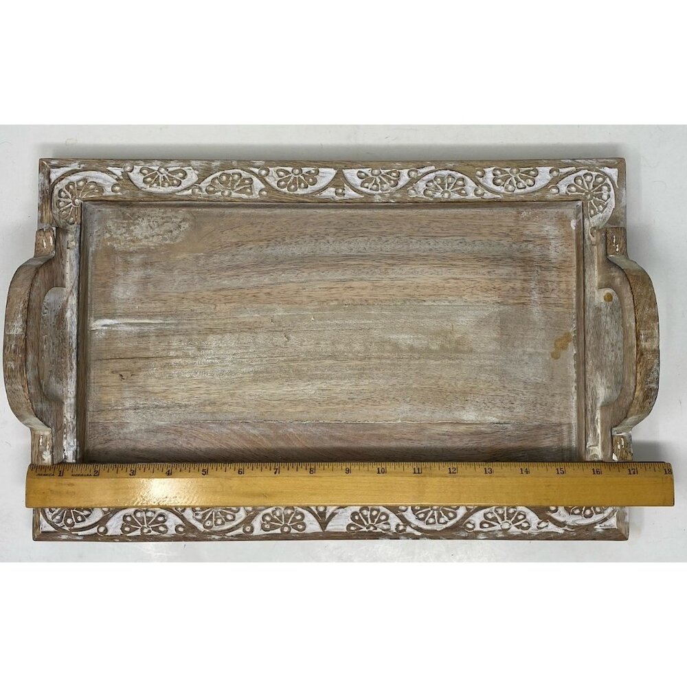 RUSTIC Carved Wooden Serving Tray Rectangular 17x12 With 2 Handles India - Picture 3 of 8